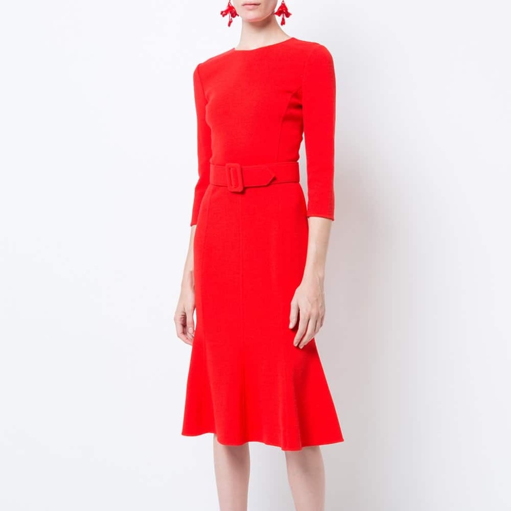 OSCAR DE LA RENTA Belted Fishtail Shift Red Dress